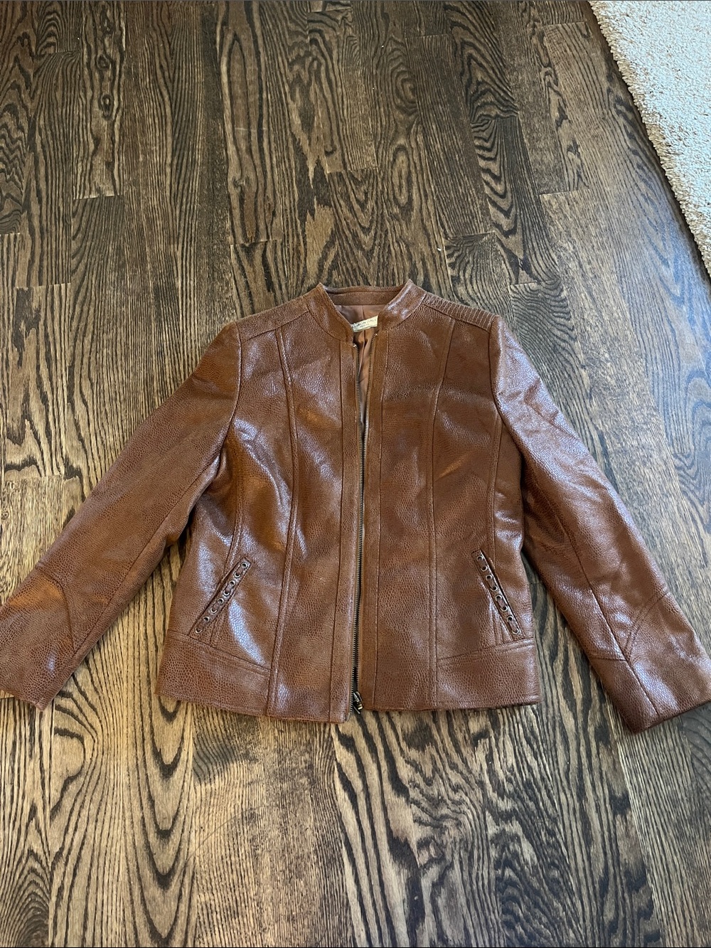 Women's Faux Brown Leather Zip-Front Bomber